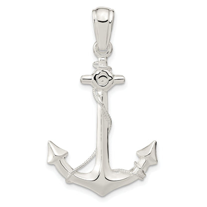 Sterling Silver De-Ani Rhodium-Plated Polished 3D Anchor With Rope Pendant