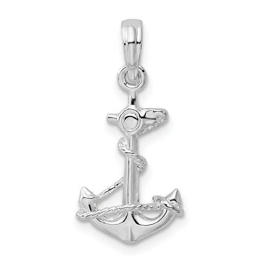Sterling Silver De-Ani Rhodium-Plated Polished 3D Anchor With Rope Pendant
