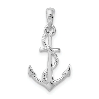 Sterling Silver De-Ani Rhodium-Plated Polished And Textured 3D Anchor With Rope Pendant