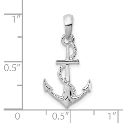 Sterling Silver De-Ani Rhodium-Plated Polished And Textured 3D Anchor With Rope Pendant