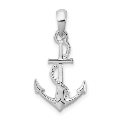 Sterling Silver De-Ani Rhodium-Plated Polished And Textured 3D Anchor With Rope Pendant