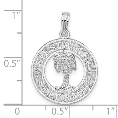 Sterling Silver De-Ani Rhodium-Plated Textured Siesta Key Florida With Palm Tree Pendant