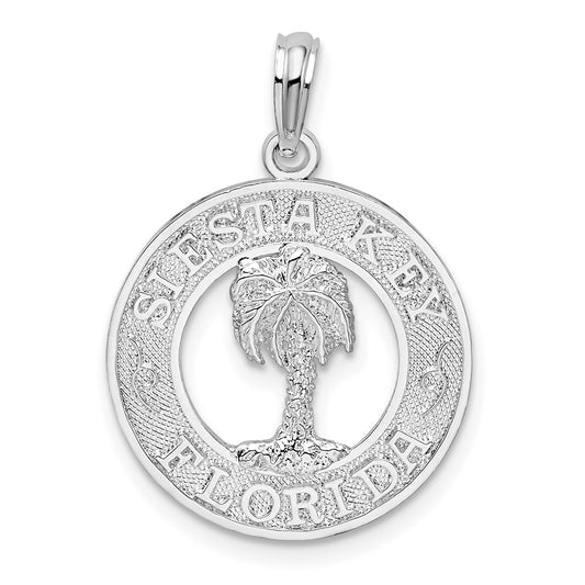 Sterling Silver De-Ani Rhodium-Plated Textured Siesta Key Florida With Palm Tree Pendant