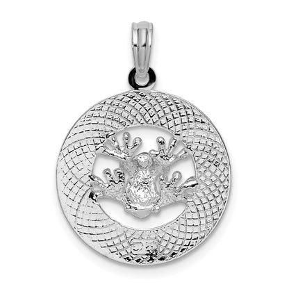 Sterling Silver De-Ani Rhodium-Plated Polished Puerto Rico Circle Frog Pendant