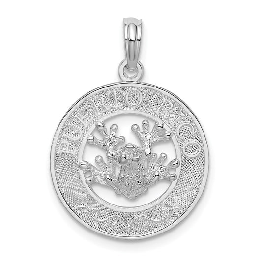 Sterling Silver De-Ani Rhodium-Plated Polished Puerto Rico Circle Frog Pendant
