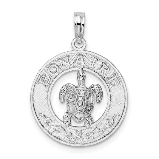 Sterling Silver De-Ani Rhodium-Plated Polished Bonaire Circle With Turtle Pendant