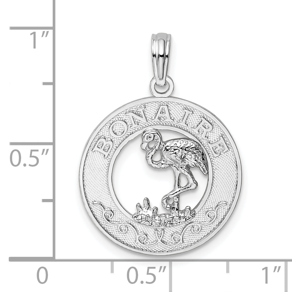 Sterling Silver De-Ani Rhodium-Plated Polished Bonaire Circle Flamingo Pendant