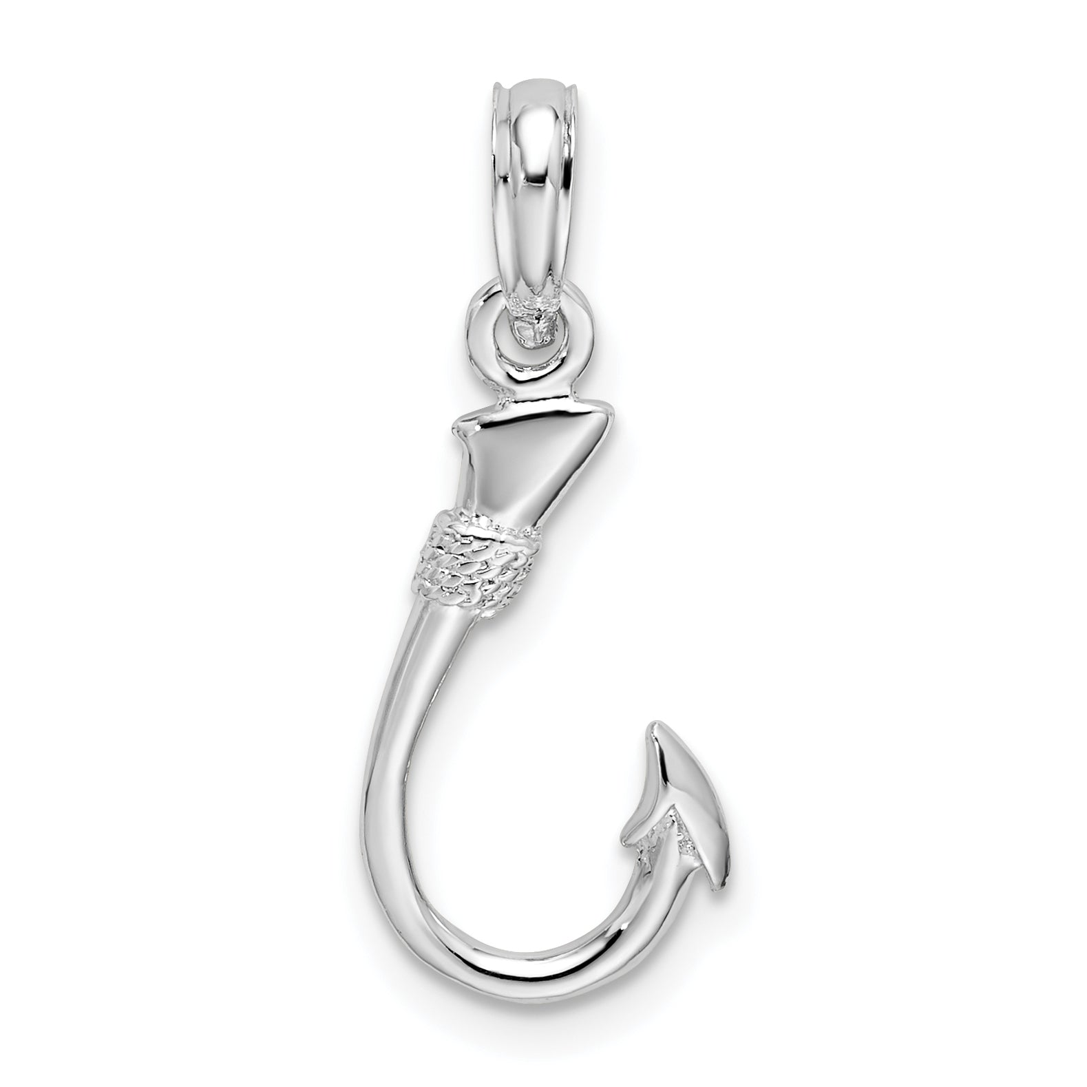 Sterling Silver De-Ani Rhodium-Plated Polished 3D Fish Hook Pendant