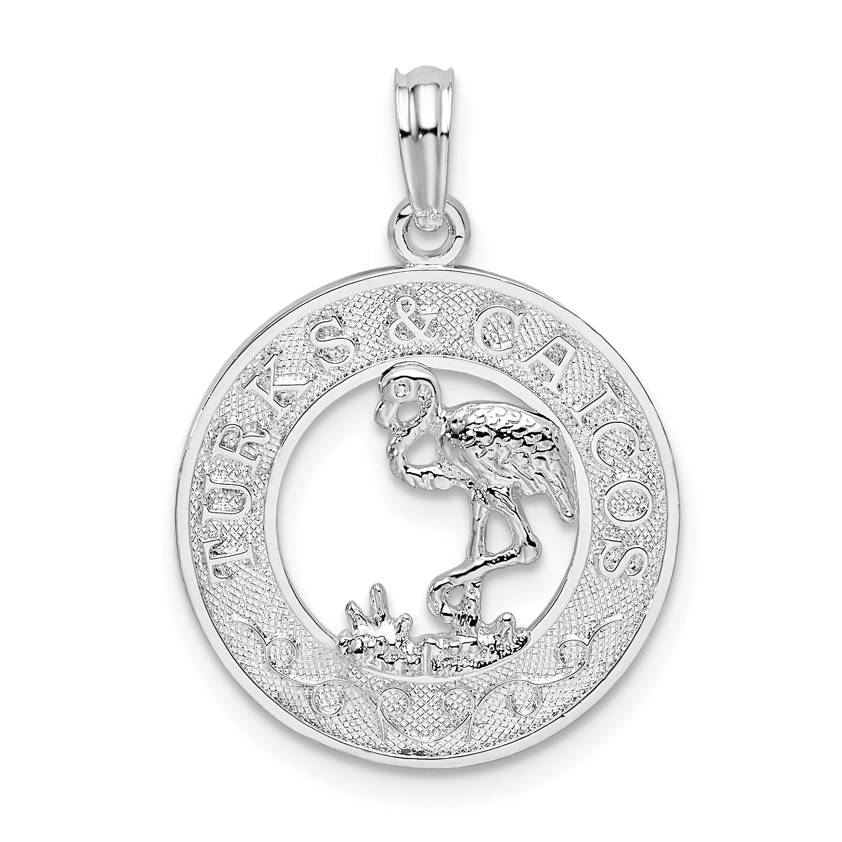 Sterling Silver De-Ani Rhodium-Plated Textured Turks And Caicos With Flamingo Pendant