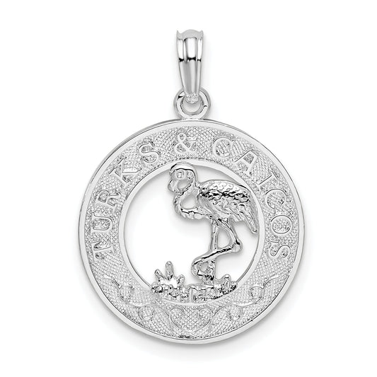 Sterling Silver De-Ani Rhodium-Plated Textured Turks And Caicos With Flamingo Pendant
