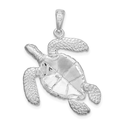 Sterling Silver De-Ani Rhodium-Plated Polished Large Swimming Sea Turtle Pendant