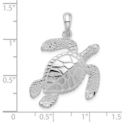 Sterling Silver De-Ani Rhodium-Plated Polished Large Swimming Sea Turtle Pendant