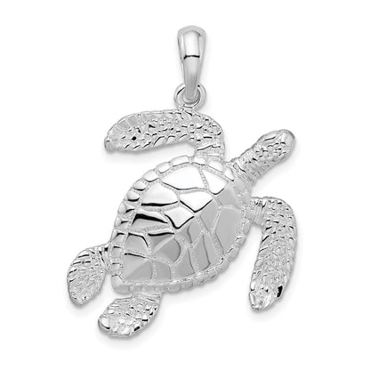 Sterling Silver De-Ani Rhodium-Plated Polished Large Swimming Sea Turtle Pendant