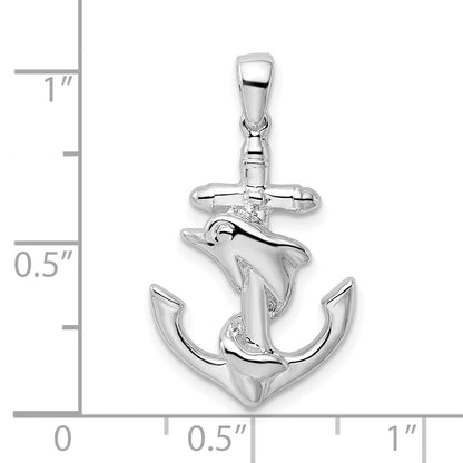 Sterling Silver De-Ani Rhodium-Plated Polished Dolphin And Anchor Pendant