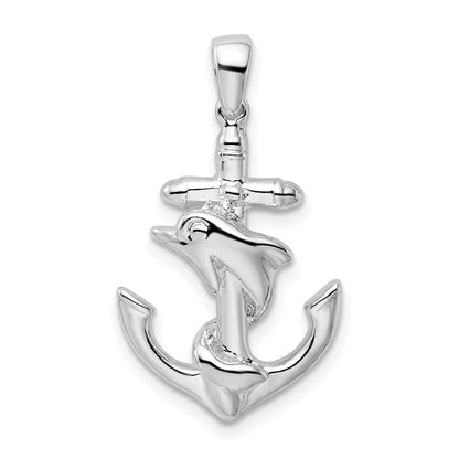 Sterling Silver De-Ani Rhodium-Plated Polished Dolphin And Anchor Pendant