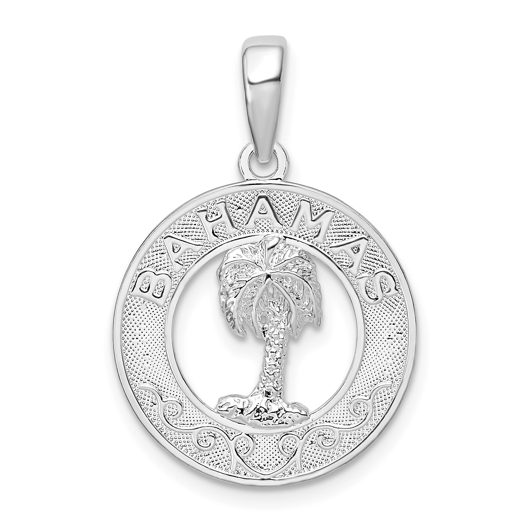 Sterling Silver De-Ani Rhodium-Plated Textured Bahamas With Palm Tree Pendant