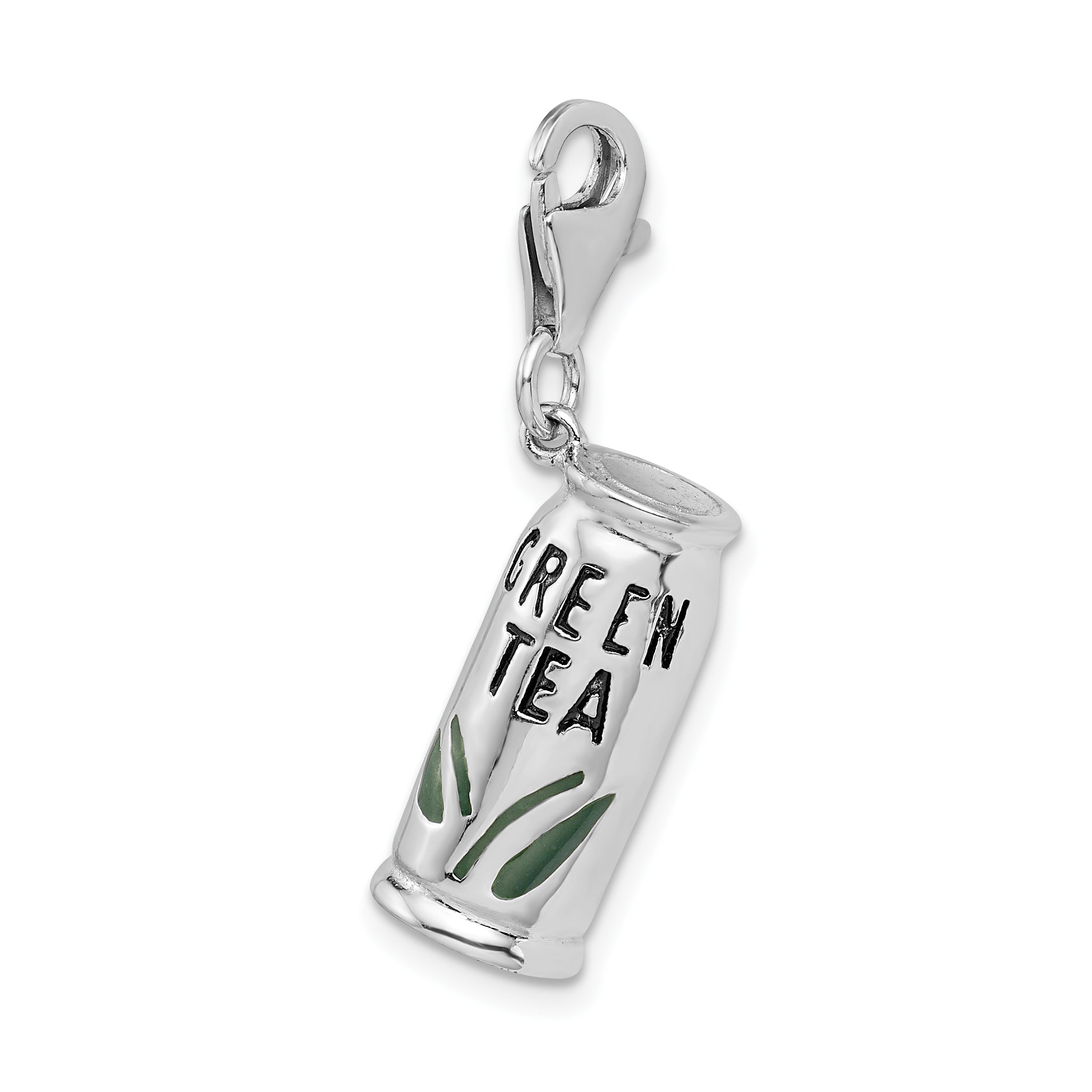 Sterling Silver Amore La Vita Rhodium-Plated Polished 3-D Enameled Green Tea Beverage Charm With Fancy Lobster Clasp