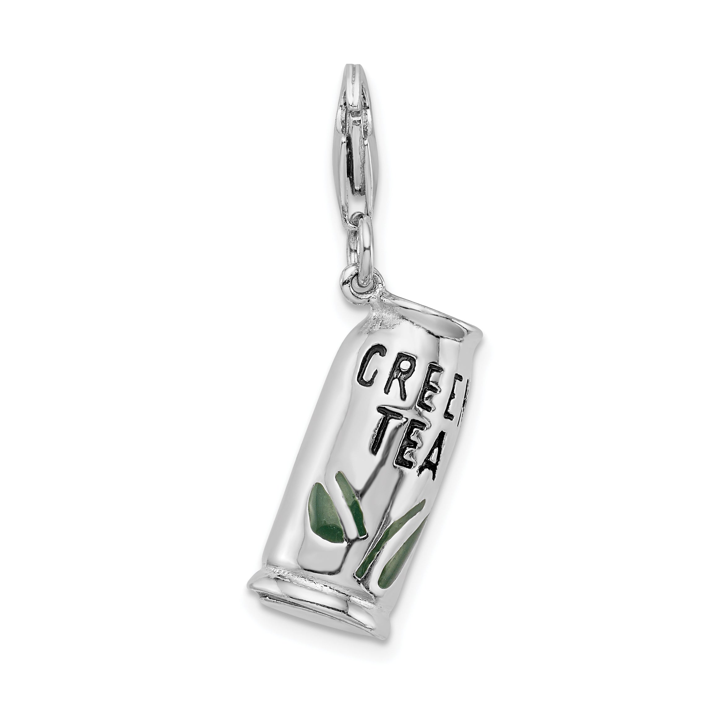 Sterling Silver Amore La Vita Rhodium-Plated Polished 3-D Enameled Green Tea Beverage Charm With Fancy Lobster Clasp