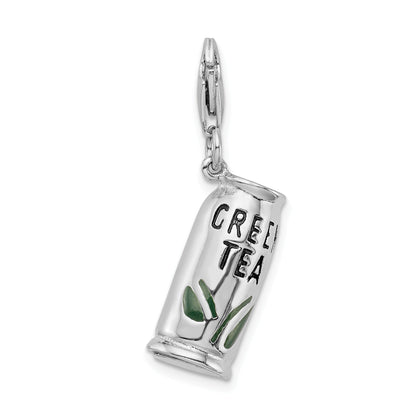 Sterling Silver Amore La Vita Rhodium-Plated Polished 3-D Enameled Green Tea Beverage Charm With Fancy Lobster Clasp