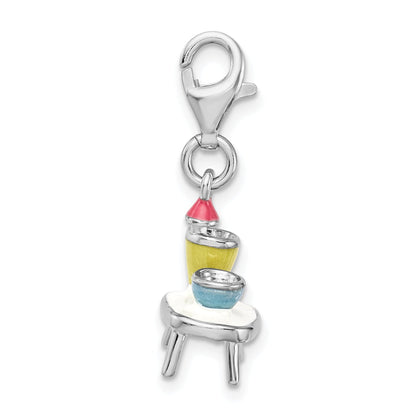 Sterling Silver Amore La Vita Rhodium-Plated Polished 3-D Enameled Table And Bowls Charm With Fancy Lobster Clasp
