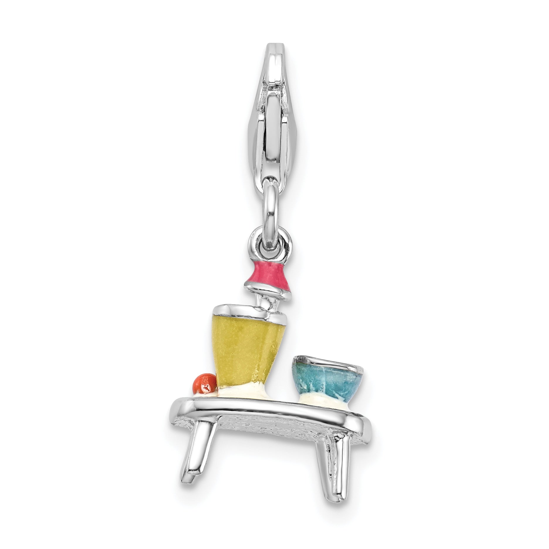 Sterling Silver Amore La Vita Rhodium-Plated Polished 3-D Enameled Table And Bowls Charm With Fancy Lobster Clasp
