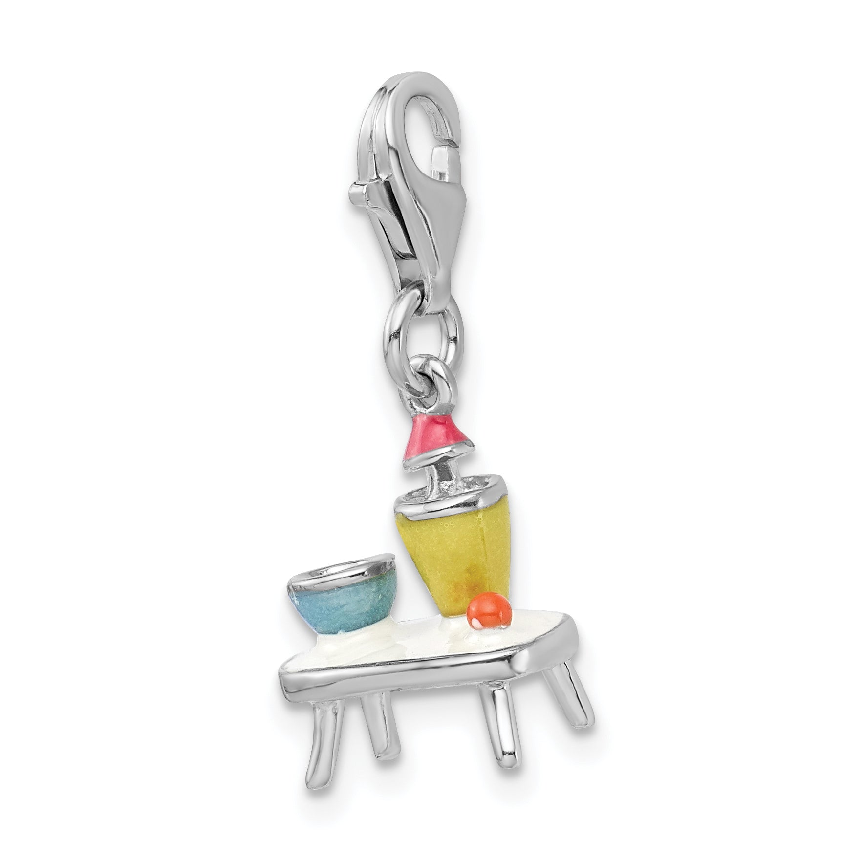 Sterling Silver Amore La Vita Rhodium-Plated Polished 3-D Enameled Table And Bowls Charm With Fancy Lobster Clasp