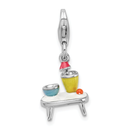 Sterling Silver Amore La Vita Rhodium-Plated Polished 3-D Enameled Table And Bowls Charm With Fancy Lobster Clasp