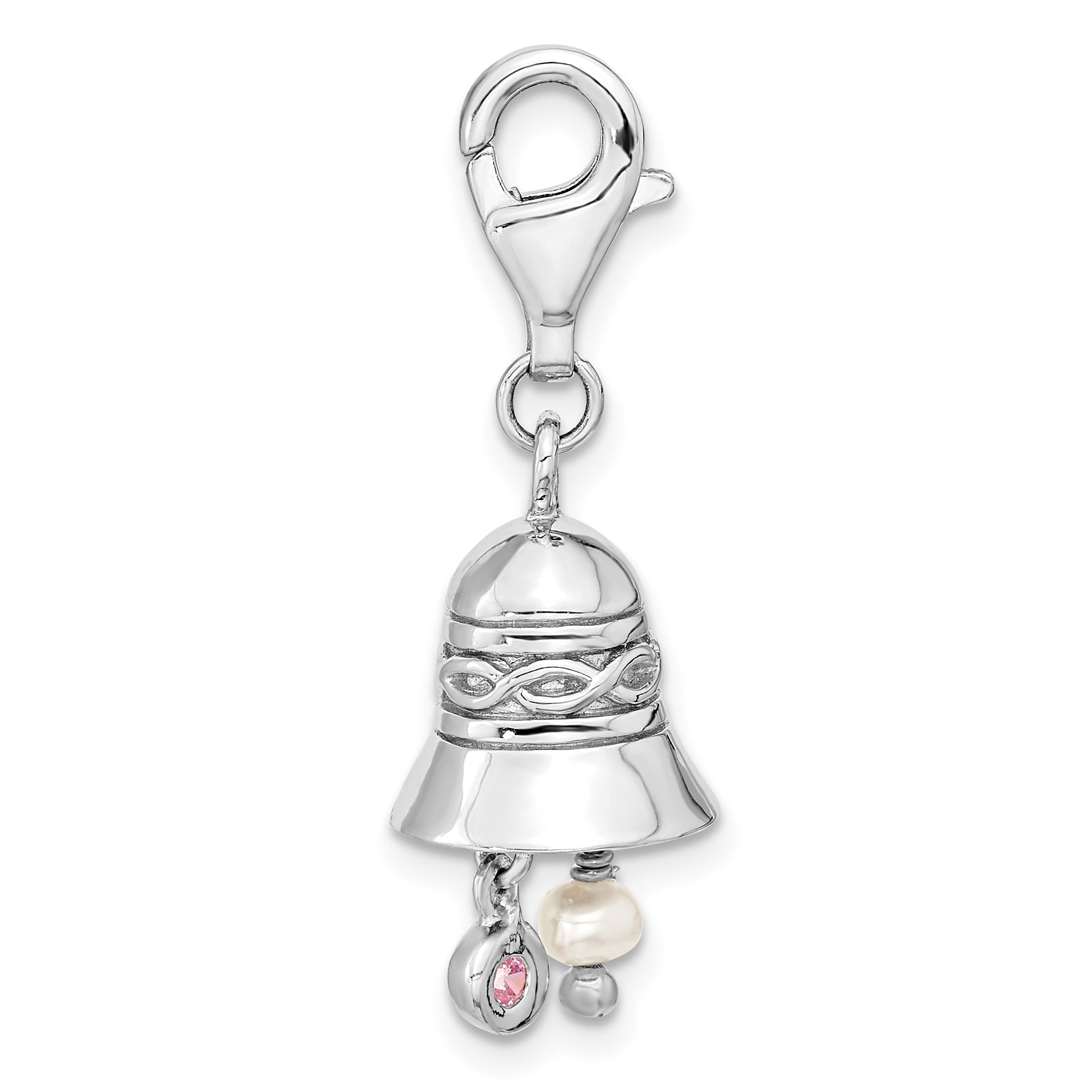 Sterling Silver Amore La Vita Rhodium-Plated Polished 3-D Cz And Freshwater Cultured Pearl Wedding Bell Charm With Fancy Lobster Clasp