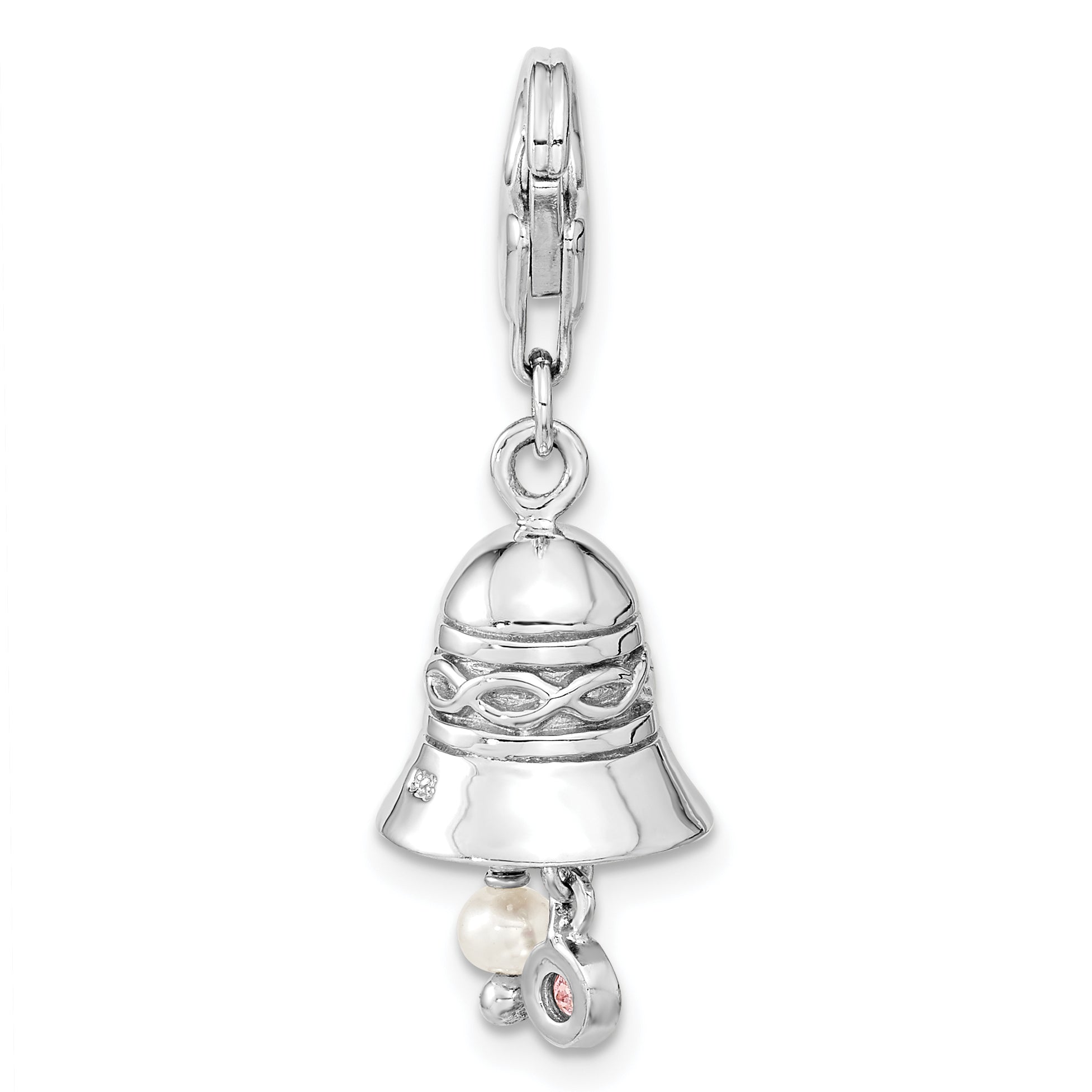 Sterling Silver Amore La Vita Rhodium-Plated Polished 3-D Cz And Freshwater Cultured Pearl Wedding Bell Charm With Fancy Lobster Clasp