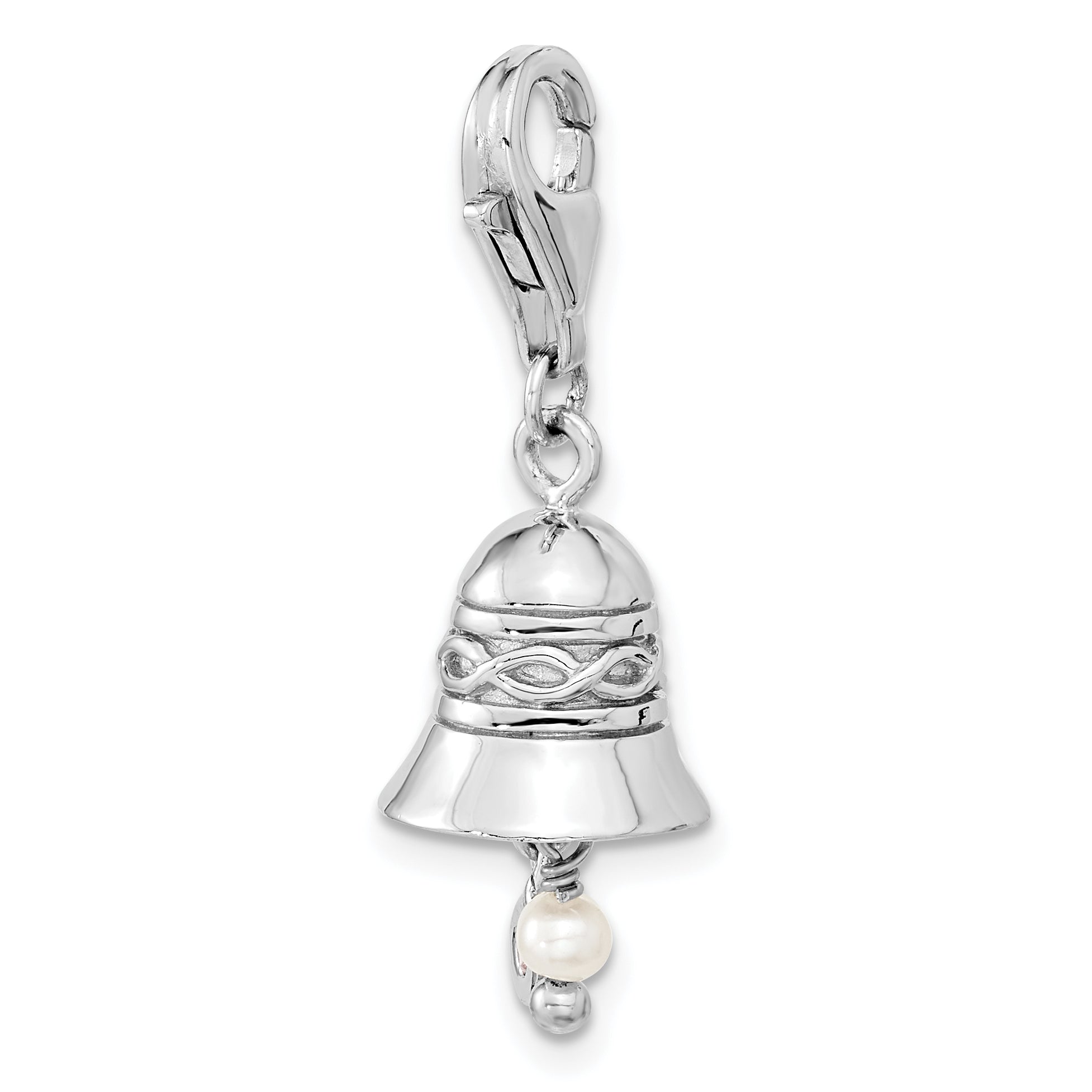 Sterling Silver Amore La Vita Rhodium-Plated Polished 3-D Cz And Freshwater Cultured Pearl Wedding Bell Charm With Fancy Lobster Clasp