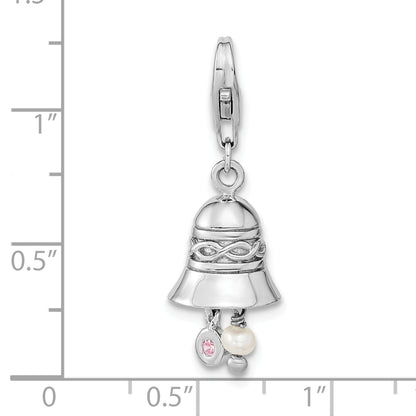 Sterling Silver Amore La Vita Rhodium-Plated Polished 3-D Cz And Freshwater Cultured Pearl Wedding Bell Charm With Fancy Lobster Clasp