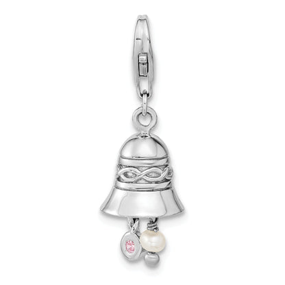 Sterling Silver Amore La Vita Rhodium-Plated Polished 3-D Cz And Freshwater Cultured Pearl Wedding Bell Charm With Fancy Lobster Clasp