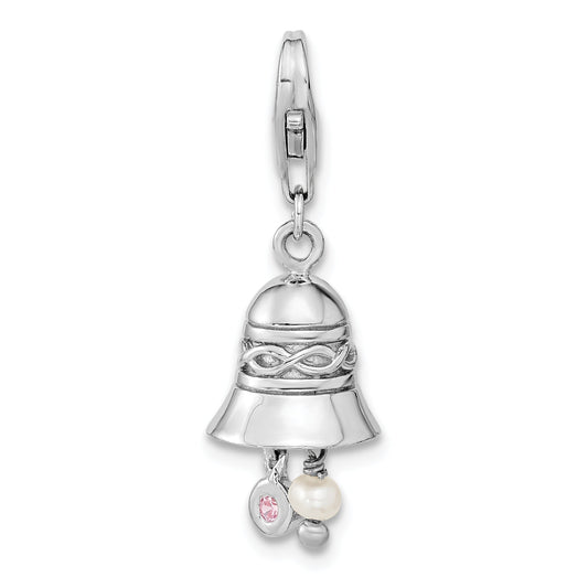 Sterling Silver Amore La Vita Rhodium-Plated Polished 3-D Cz And Freshwater Cultured Pearl Wedding Bell Charm With Fancy Lobster Clasp