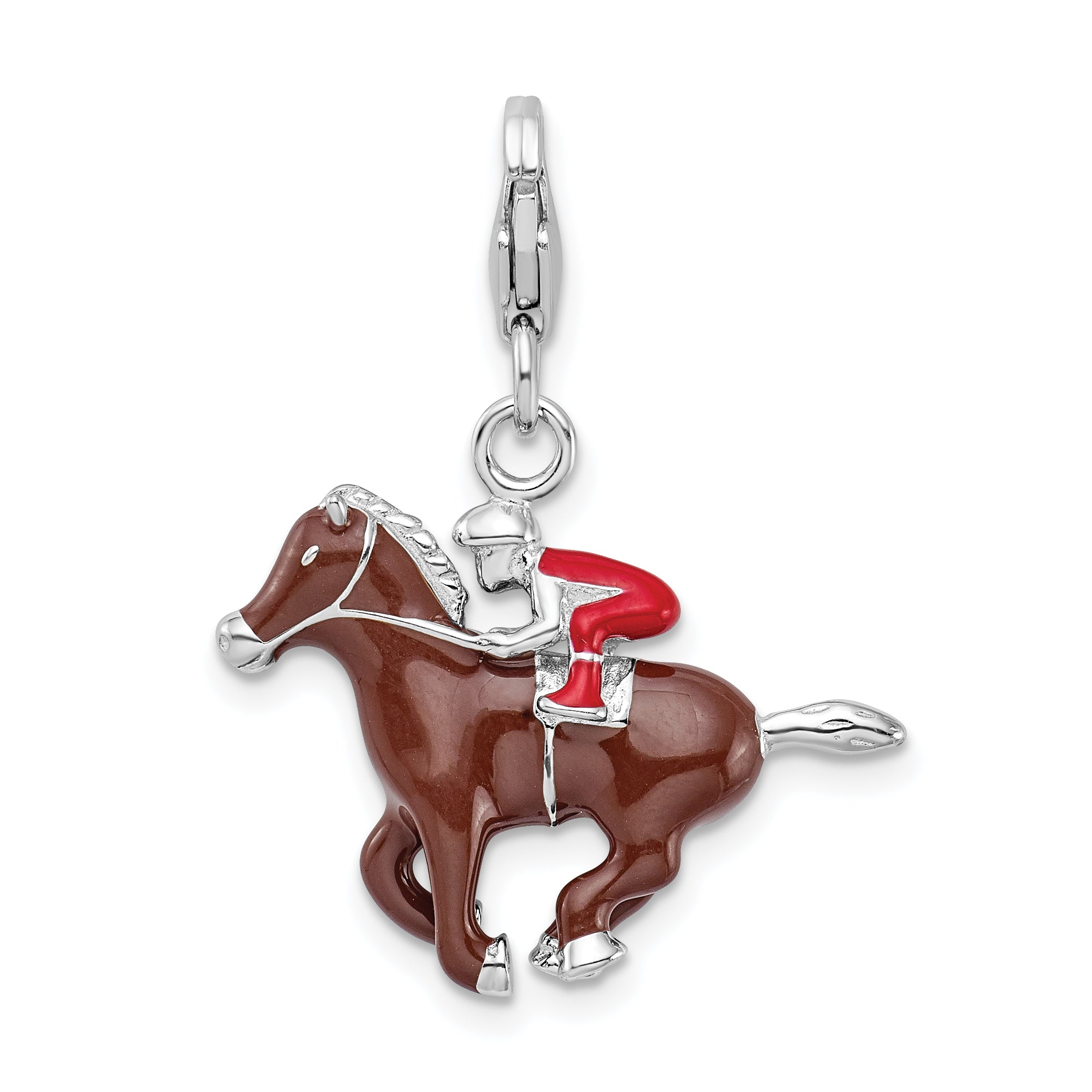 Sterling Silver Rh W/ Lobster Clasp Enamel Jockey On Horse Charm