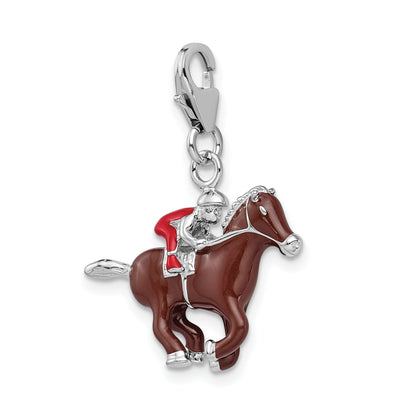 Sterling Silver Rh W/ Lobster Clasp Enamel Jockey On Horse Charm
