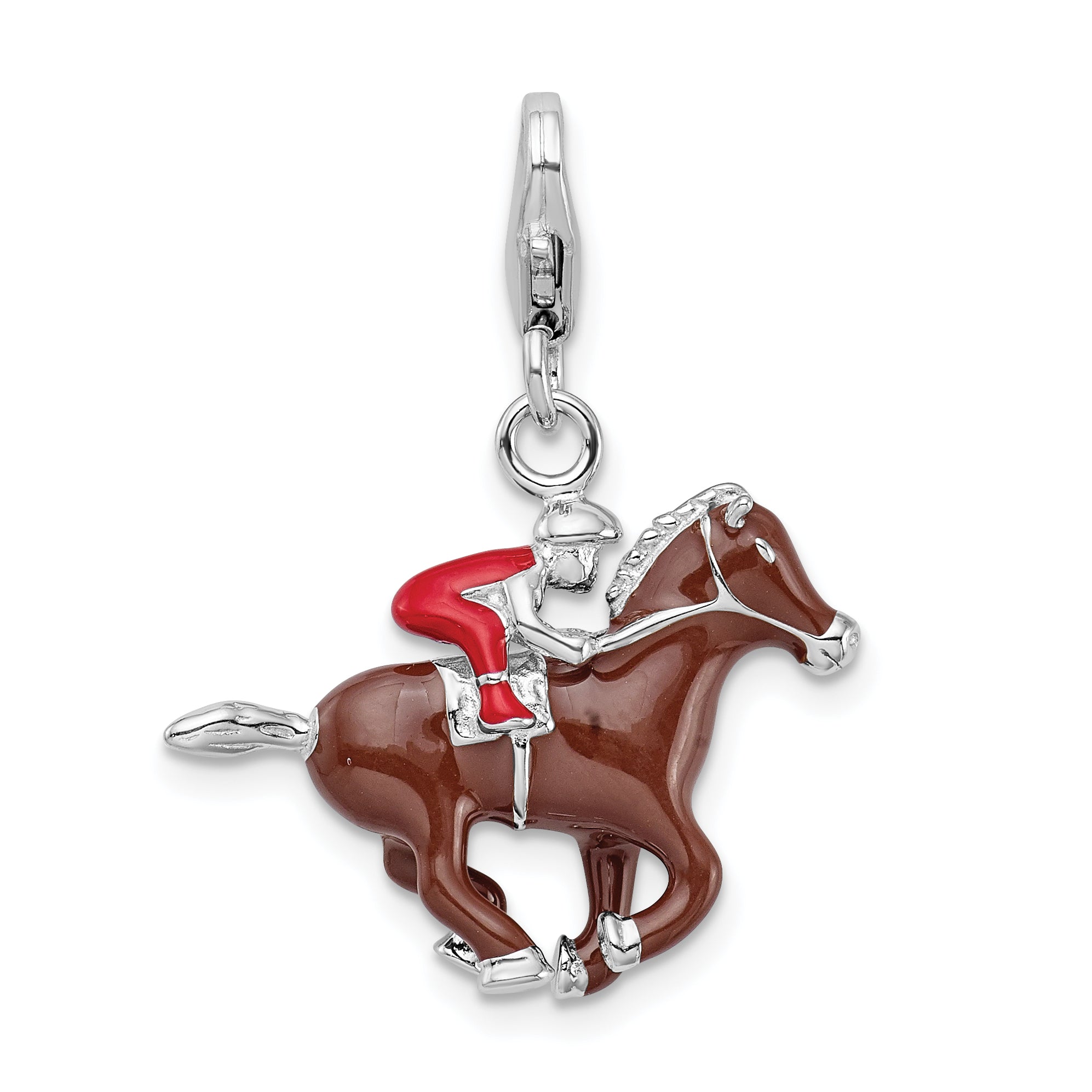 Sterling Silver Rh W/ Lobster Clasp Enamel Jockey On Horse Charm