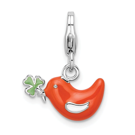 Sterling Silver Amore La Vita Rhodium-Plated Polished Enameled Bird And Clover Charm With Fancy Lobster Clasp
