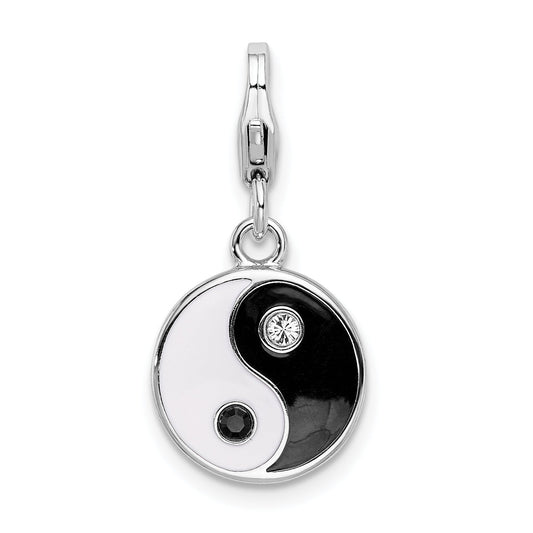 Sterling Silver Amore La Vita Rhodium-Plated Polished Enameled Crystal From Swarovski Yin And Yang Charm With Fancy Lobster Clasp