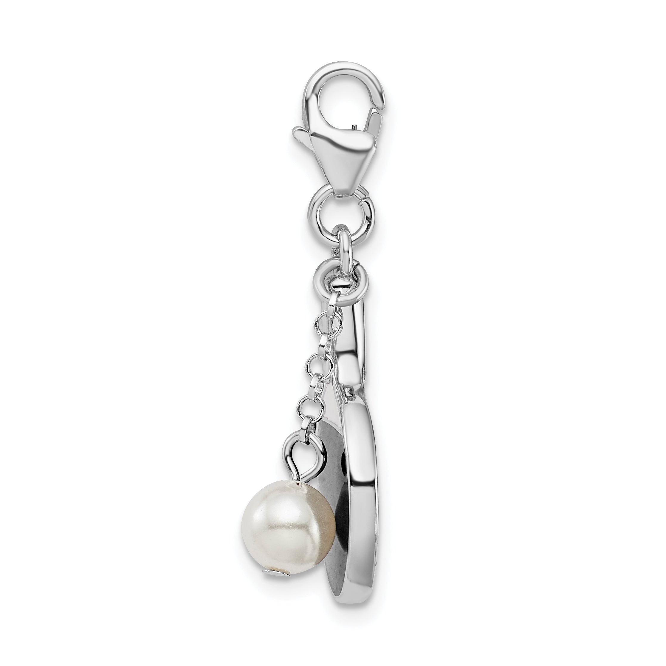 Sterling Silver Amore La Vita Rhodium-Plated Polished Moveable Enameled Imitation Pearl Paddle Charm With Fancy Lobster Clasp