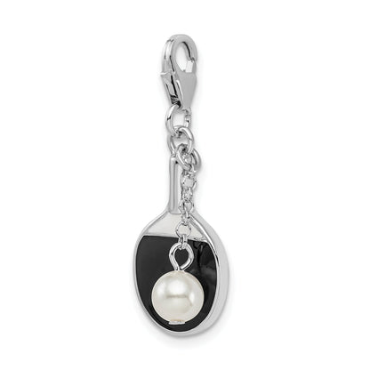 Sterling Silver Amore La Vita Rhodium-Plated Polished Moveable Enameled Imitation Pearl Paddle Charm With Fancy Lobster Clasp