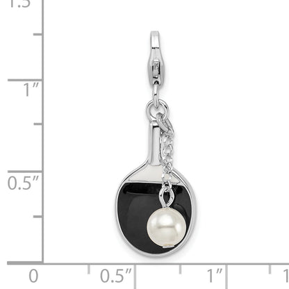 Sterling Silver Amore La Vita Rhodium-Plated Polished Moveable Enameled Imitation Pearl Paddle Charm With Fancy Lobster Clasp