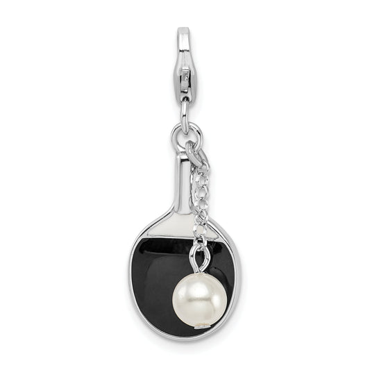 Sterling Silver Amore La Vita Rhodium-Plated Polished Moveable Enameled Imitation Pearl Paddle Charm With Fancy Lobster Clasp