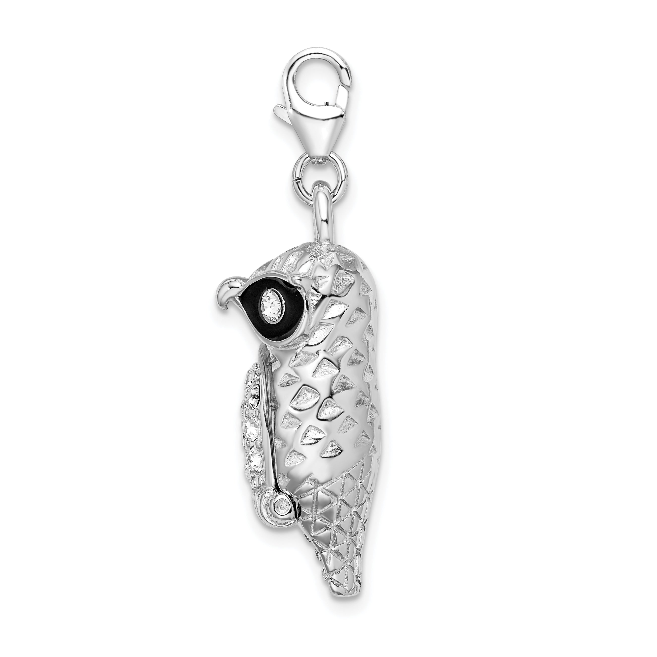 Sterling Silver Amore La Vita Rhodium-Plated Polished 3-D Enameled Crystal From Swarovski Owl Charm With Fancy Lobster Clasp