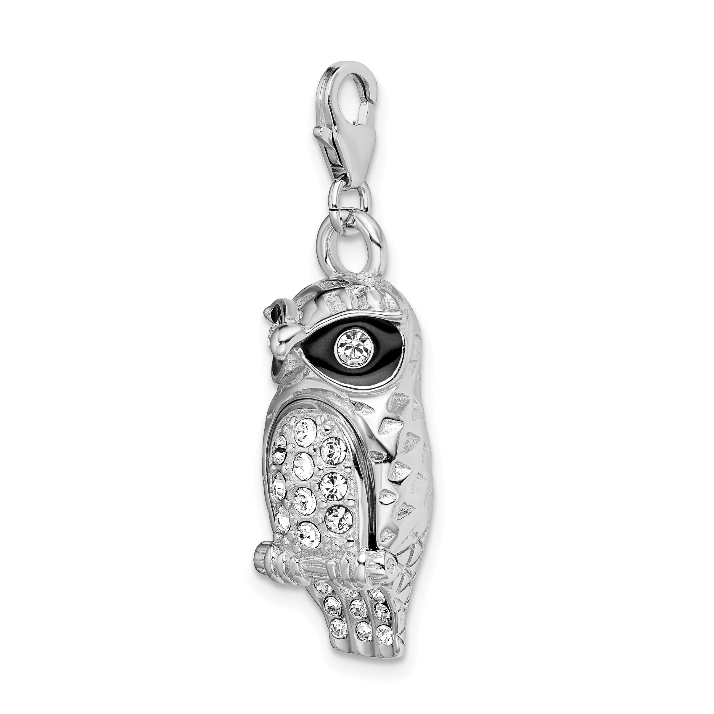 Sterling Silver Amore La Vita Rhodium-Plated Polished 3-D Enameled Crystal From Swarovski Owl Charm With Fancy Lobster Clasp