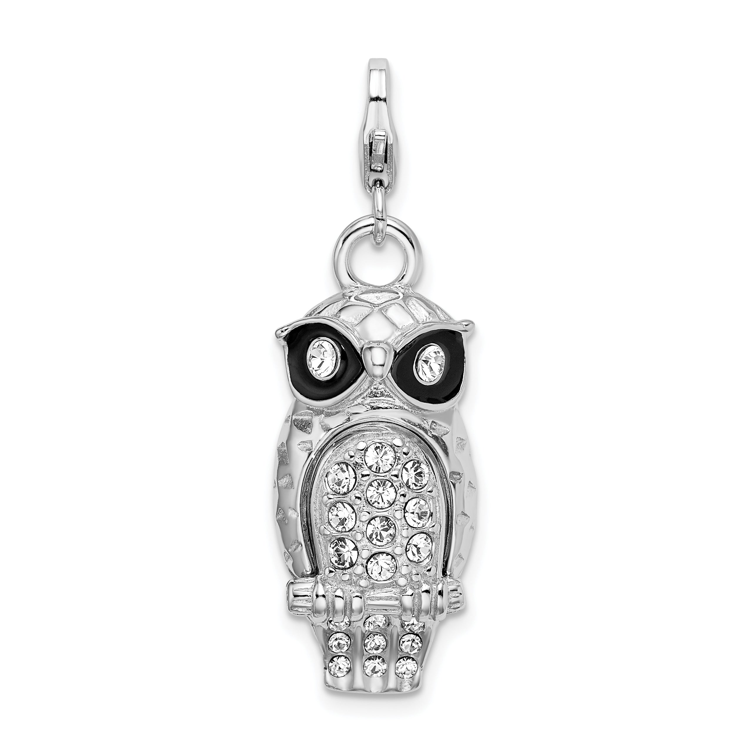 Sterling Silver Amore La Vita Rhodium-Plated Polished 3-D Enameled Crystal From Swarovski Owl Charm With Fancy Lobster Clasp