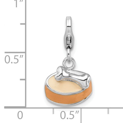 Sterling Silver Amore La Vita Rhodium-Plated Polished 3-D Enameled Dog Bowl With Bone Charm Fancy Lobster Clasp