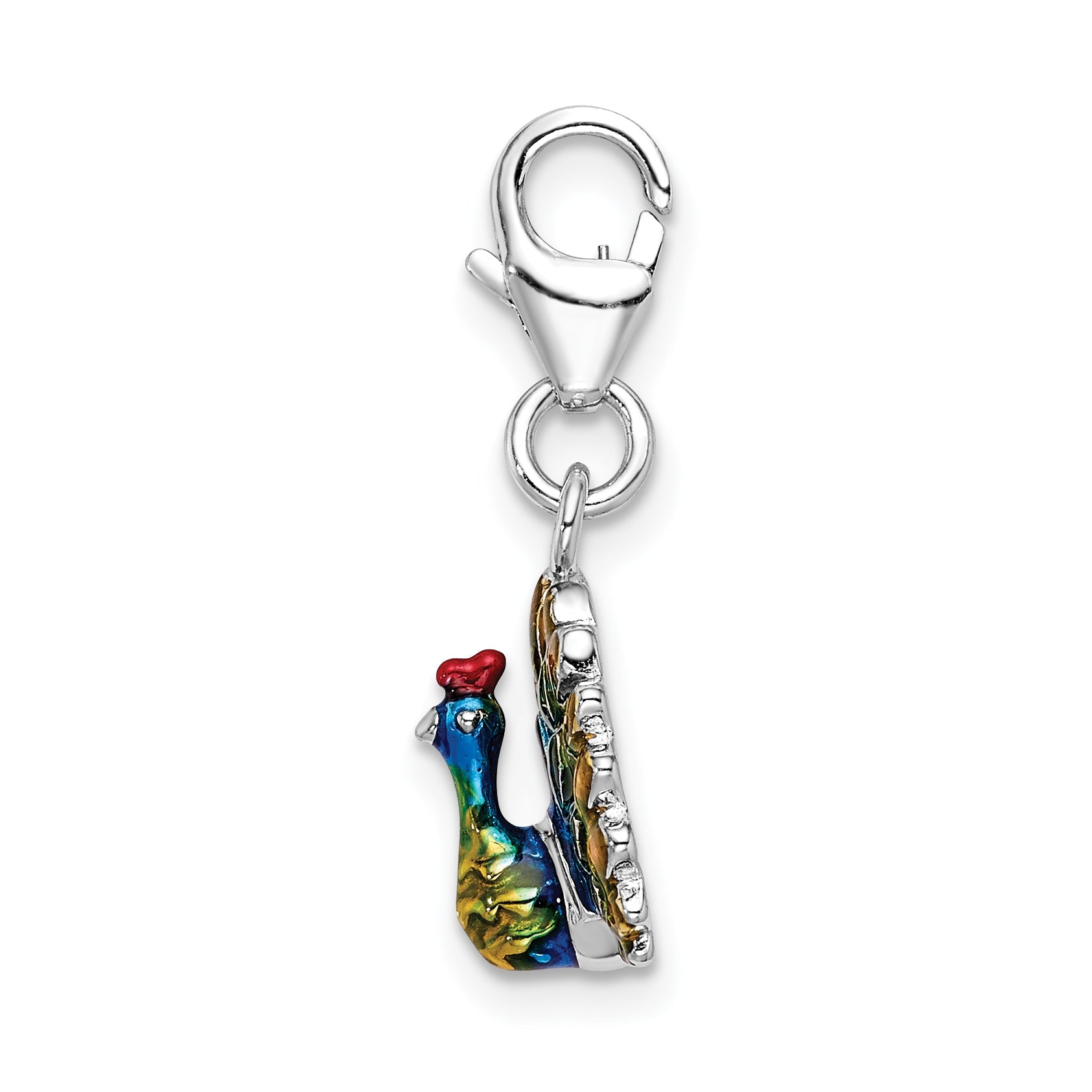Sterling Silver Amore La Vita Rhodium-Plated Polished 3-D Enameled Peacock Charm With Fancy Lobster Clasp