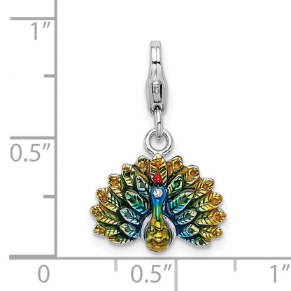 Sterling Silver Amore La Vita Rhodium-Plated Polished 3-D Enameled Peacock Charm With Fancy Lobster Clasp