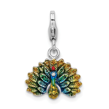 Sterling Silver Amore La Vita Rhodium-Plated Polished 3-D Enameled Peacock Charm With Fancy Lobster Clasp