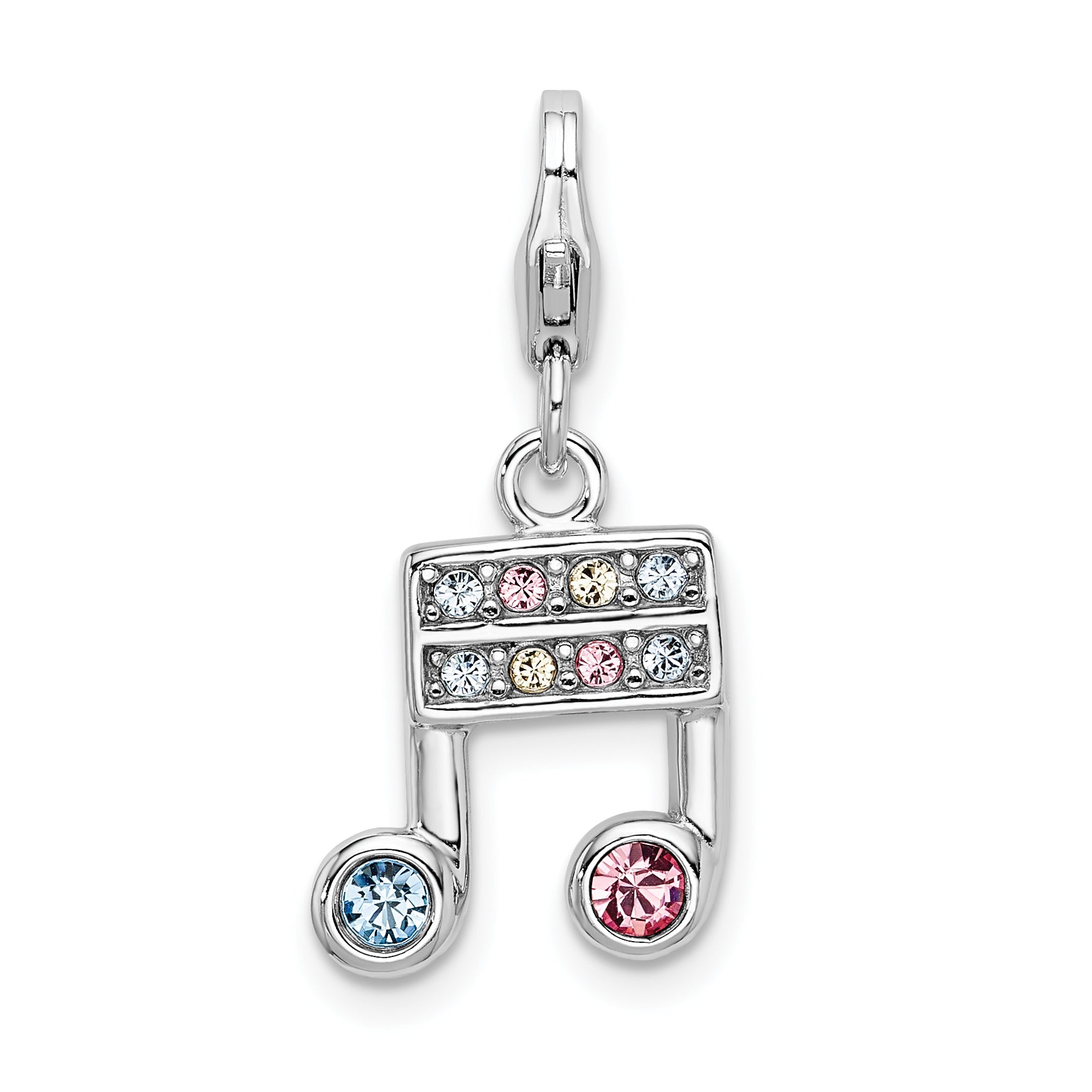 Sterling Silver Amore La Vita Rhodium-Plated Polished Pink Blue And Yellow Crystal From Swarovski Music Note Charm With Fancy Lobster Clasp